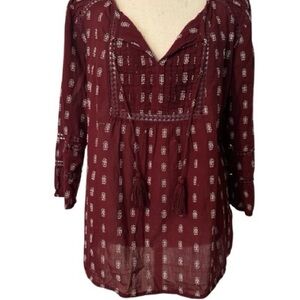 Sears Boho Peasant Blouse Burgundy Womens Medium Top Cotton Cottagecore Festival